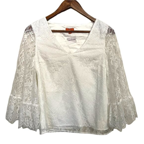 ModCloth Womens NWT White Cottagecore Natural V-Neck Bell Sleeve Lace Blouse XXS - Picture 2 of 8